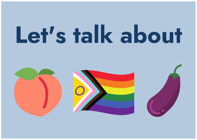 Hellblaue Postkarte, auf der oben "Let's talk about" steht, darunter ein Pfirsich, eine LQBTQ+-Flagge und eine Aubergine als Emojis