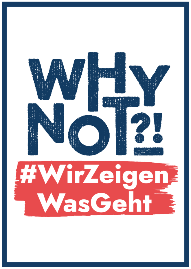 Weiße Postkarte mit blauem Ran, darauf das WhyNOT?!-Logo mit dem Zusatz "WirZeigenWasGeht"